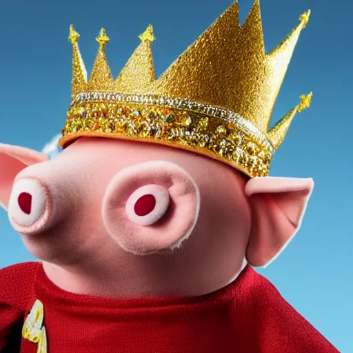 Image similar to pig wearing a gold crown as a Muppet holding an arm full of different snack bags 8k