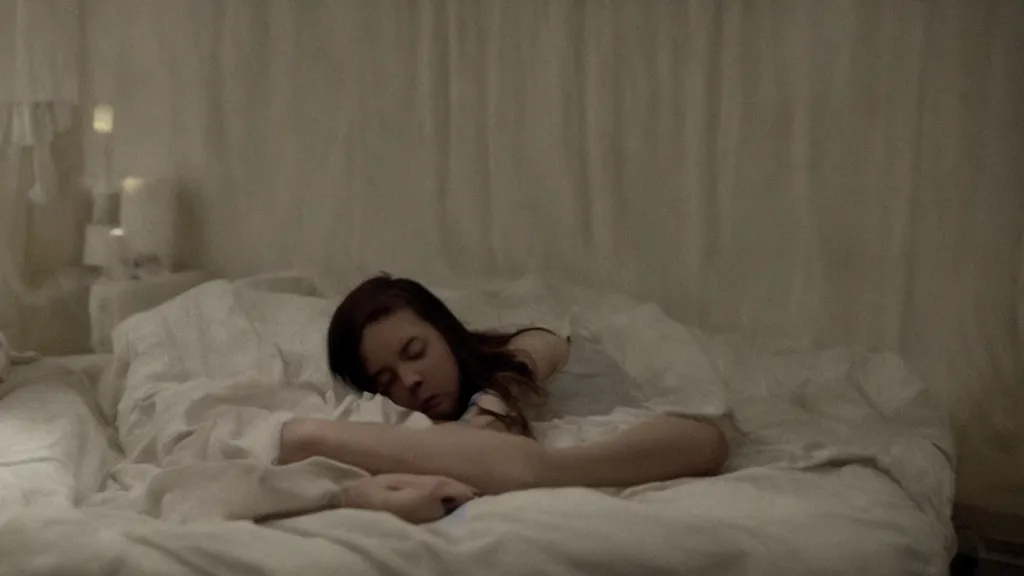 Image similar to movie still of girl having sleep paralysis, cinematic composition, cinematic light, criterion collection, by edgar wright and emmanuel lubezki