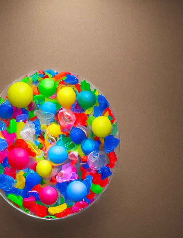 Prompt: a well - lit studio photograph of various plastic toys floating in a bowl of water, some smooth, some wrinkled, some long, various sizes, textures, and transparencies, beautiful, smooth, detailed, inticate