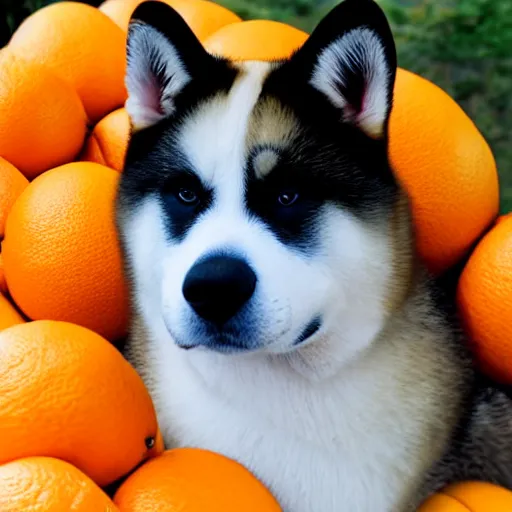 Image similar to photo of an akita inu made out of oranges