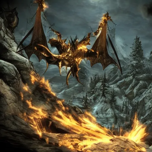 Image similar to skyrim anime, detailed, lighting, dragon fight, fire, mythical, tower