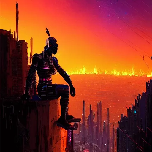 Image similar to a cyberpunk zulu warrior sitting on a cliff watching an enormous city burn!!! from a distance at night, fire!!, by alena aenami and android jones and greg rutkowski, Trending on artstation, hyperrealism, elegant, stylized, highly detailed digital art, 8k resolution, hd, global illumination, radiant light, detailed and intricate cyberpunk ghetto environment, rendered in octane, post processed, wide angle, dynamic portrait