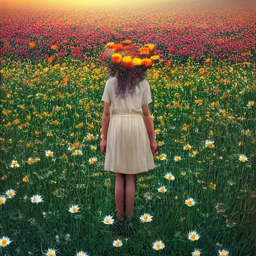 Image similar to full body daisy flower head, girl standing in a flower field, head hidden behind the huge daisy flower, surreal photography, sunrise, dramatic light, impressionist painting, colorful clouds, digital painting, artstation, simon stalenhag