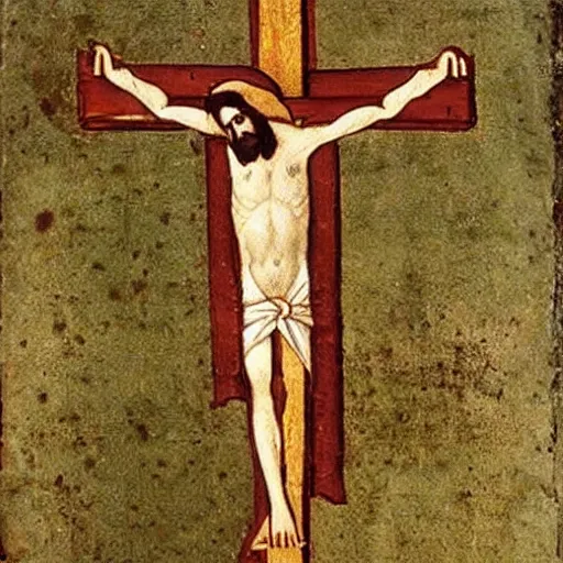 Image similar to medieval painting of Jesus Christ on the cross wearing a walkman