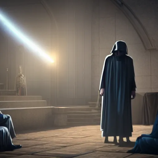 Image similar to emperor palpatine preaching to people at church, 8k cinematic lighting, very sharp detail, anatomically correct