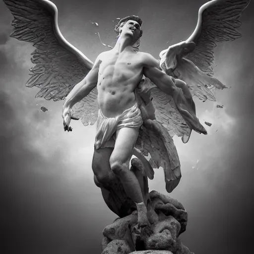 Image similar to a male angel falling from heaven surrounded by angels and demons fighting in the background asymmetrical, cinematic composition, 8k resolution, sculpture marble high contrast, shiny and reflective marble texture, soft lighting in the style of Grzegorz Domaradzki, dof, blur