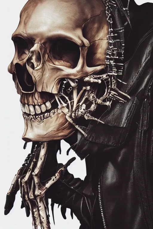 Image similar to portrait of a skeleton in a leather jacket, intricate, detailed, glitch, cyberpunk, octane render, artstation