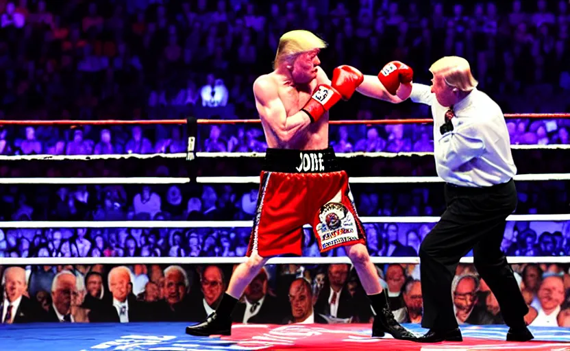 Image similar to boxing match between donald trump vs joe biden, stage lighting, award winning photo