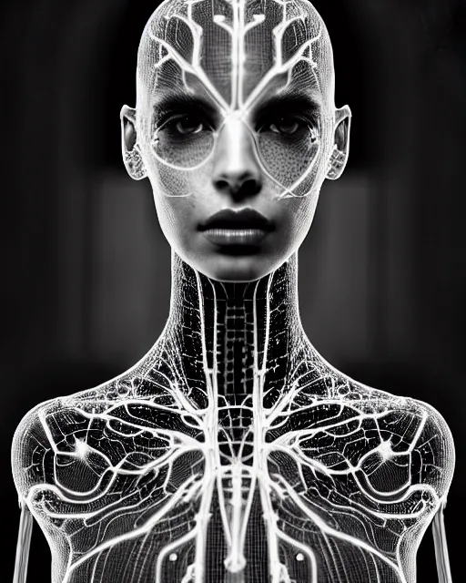 Image similar to black and white cyborg-plant goddess high quality photo, microchip, artificial intelligence, bio-mechanical bio-luminescence, black ivy, flies, neurons, nerve cells, octane render, cinematic, rim light, hyper realism, photo-realistic, high detail, 8k, in the style of Steven Meisel and Dora Maar and H.G. Giger