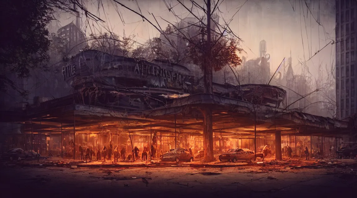 Image similar to post apocalyptic city fair building, dusk, building, avenue, americana architecture, by pascal blanche, neil blevins, apocalyptic color palette, trending on artstation, photorealistic, wilderness ambiance, ultra detailed, high definition, depth of field, bokeh, rubble, nature overgrowth, blood stains, building crumbling