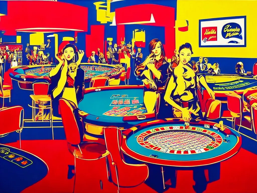 Image similar to hyper - realistic composition of a room in a casino with an extremely detailed poker table, croupier standing nearby fireworks in the background, pop art style, jackie tsai style, andy warhol style, acrylic on canvas