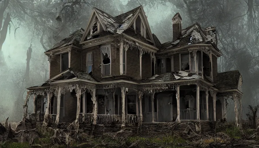 Image similar to old cracked damaged victorian house in the mud, dark forest, hyperdetailed, artstation, cgsociety, 8 k