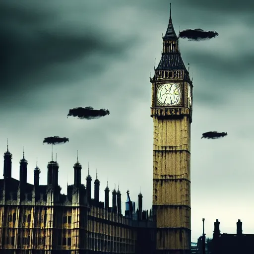 Image similar to A woman wearing a trench coat,a black hat and red high heels flying high in the sky above the tall buildings,the Big Ben is in background, top down perspective,gloomy lighting,creepy atmosphere,digital art , highly detailed , high contrast, beautiful lighting, award winning , trending on art station, 8k, photo realistic