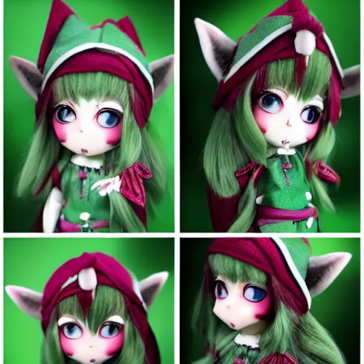 Prompt: hyper kawaii anime elf doll, druid theme, somber portraits, pursed lips, green eyes, bokeh background