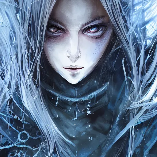 Prompt: highly detailed portrait of a pretty evil witch lady with wavy blonde hair, by Dustin Nguyen, Akihiko Yoshida, Greg Tocchini, Greg Rutkowski, Cliff Chiang, 4k resolution, nier:automata inspired, bravely default inspired, vibrant but dreary blue, brown, black and white color scheme!!! ((Dark gloomy forest background))