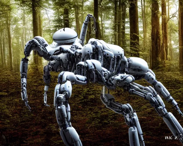 Prompt: photo of a giant huge white terminator spider with heavy duty biomechanical hydraulic cybernetic body with antennas and visor cogs and gears and components in the forest. cyberpunk horror style. highly detailed 8 k. intricate. nikon d 8 5 0 5 5 mm. award winning photography.