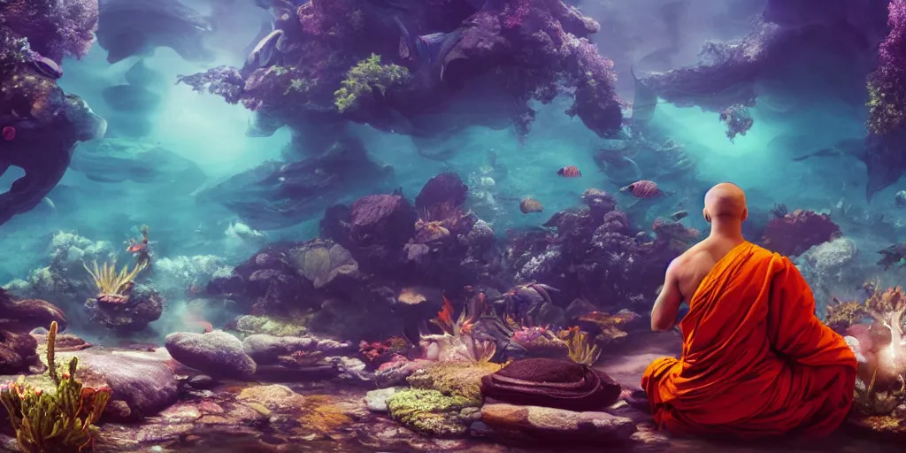 Prompt: backside of ancient wise monk meditating underwater, lotus pose, monk is in the centre of the frame, epic composition, fabrics flying around him, smoky, dark, mysterious, colourful fish, giant sea creatures, high detail, green and blue light, digital art, artstation, unreal engine 5, octane render