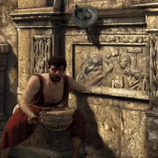 Image similar to 8 k, uhd, historical coloured pictures of ancient roman playing ps 5, highly details textures, highly details content