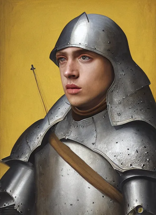 Prompt: oilpainting of an ugly young knight, ugly, hunchback, knight armor, no helmet, stringy hair, blemished face, strong, high resolution, clear image, digital art, studio photo, 4 k, clear lines, artstation, rendition by jan van eyck