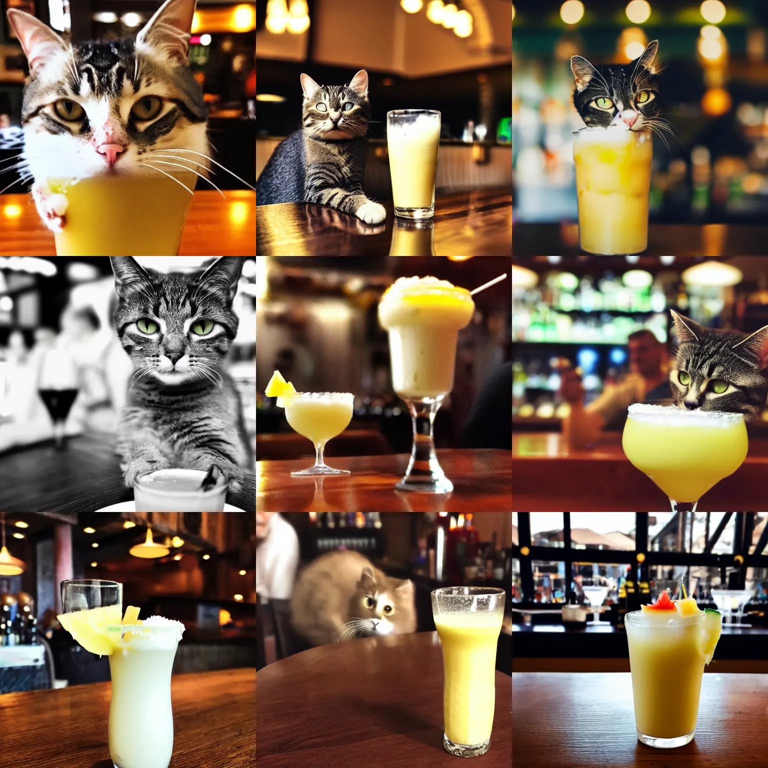 Prompt: cat sitting at the bar with a Pina colada, photograph, iphone, sharp focus