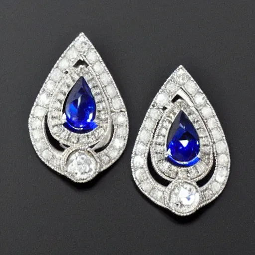 Prompt: teardrop sapphire earrings with diamond accent. 1 9 2 0's, flapper, great gatsby