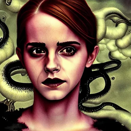 Image similar to emma watson's horror version. an unnatural abomination with long teeth, many tentacles, and gray skin. grunge, horror, dmt, dark and muted colors, detailed airbrush art, by yves klein