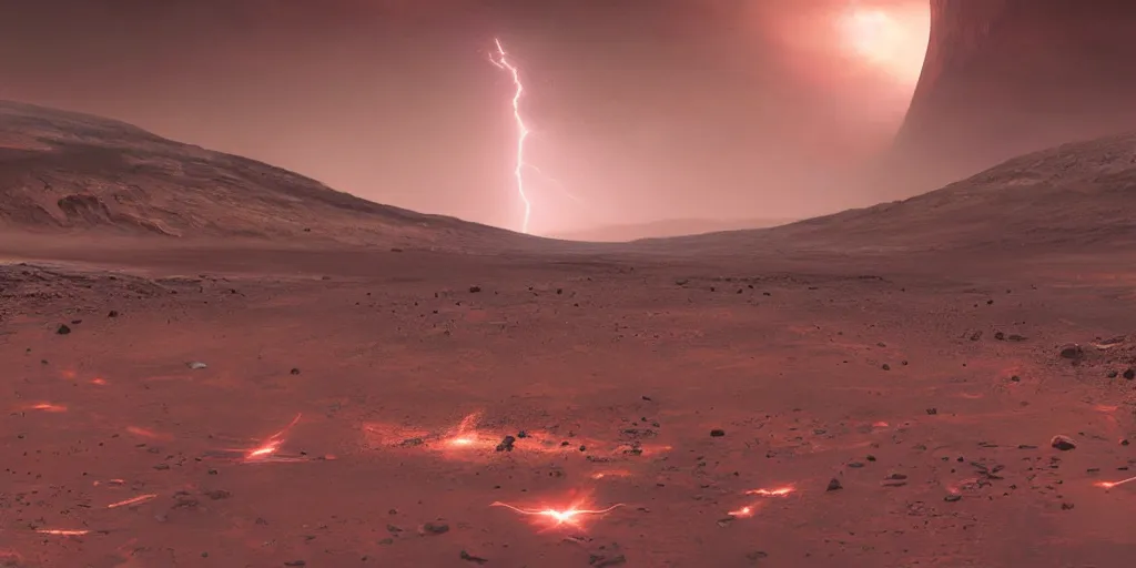 Image similar to tornado on the surface of mars, strorm, lightning, greg rutkowski