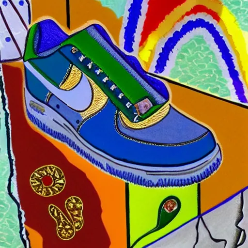 Image similar to an air force one shoe made of different materials, precious gem stones and metals and paper and smoke and rust and lava and rainbow, accurate, hyperdetailed, intricate detail, insanely detailed and intricate, in the style of Henri Matisse, edge to edge, solid color background intricate, highly detailed, smooth, sharp focus, detailed, high contrast