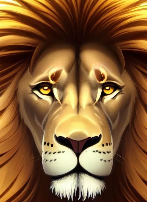 Image similar to centered!! macro head portrait of a lion, artstation, detailed cartoon, elegant, digital painting, concept art, smooth, sharp focus, illustration, ghibli, makoto shinkai, don bluth, fujita goro, jean giraud, akihiko yoshida, tom whalen 8 k