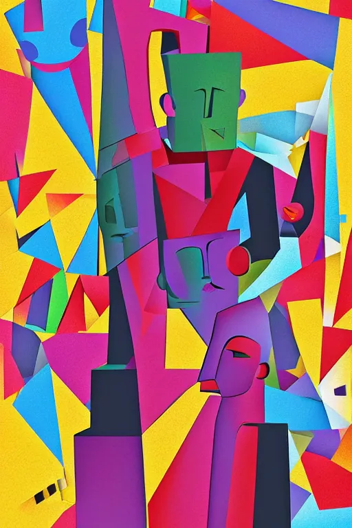 Image similar to abstract cubist moai statue geometric cutout digital illustration cartoon colorful beeple