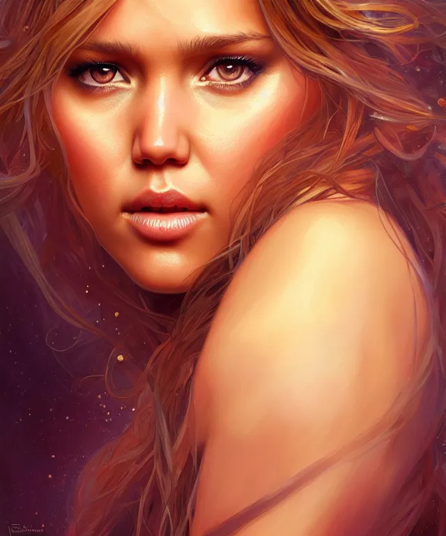 Prompt: half jessica Alba half Jennifer lawrence, a fantasy beautiful woman portrait, amber loving eyes, face, long hair, fantasy, intricate, elegant, highly detailed, digital painting, artstation, concept art, smooth, sharp focus, illustration, greg rutkowski and alphonse mucha