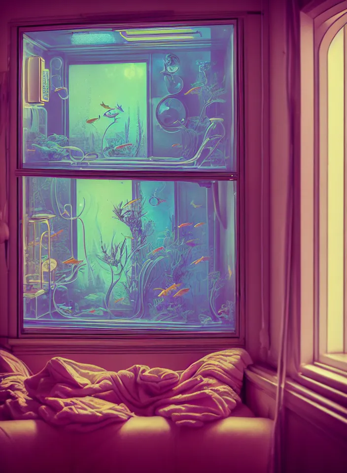 Image similar to telephoto 7 0 mm f / 2. 8 iso 2 0 0 photograph depicting the feeling of chrysalism in a cosy safe cluttered french sci - fi ( art nouveau ) cyberpunk apartment in a pastel dreamstate art cinema style. ( living room ) ( ( fish tank ) ), ambient light.