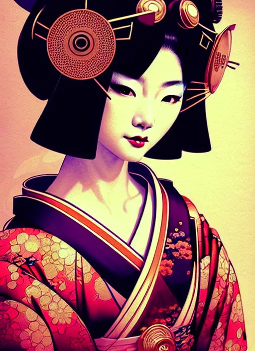 Image similar to sensual japanese geisha wearing vr eyepiece, intricate geisha kimono, robotic, android, cyborg, cyberpunk face, steampunk, fantasy, intricate, elegant, highly detailed, colorful, vivid color, digital photography, cool warm lighting, artstation, concept art, art by artgerm and greg rutkowski and ruan jia,