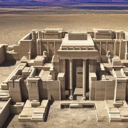 Prompt: world's largest private residence, located in the midst of the nevadan desert, inspired by the architecture of the ancient egyptian temples, trending on artstation, unsplash, overhead view!!!!!, cgsociety contest winner, 4 k photorealism, 4 k quality