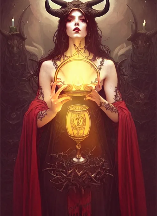 Prompt: a beautiful illustration of a satanic witch with horns in head holding a chalice, intricate, sharp focus, illustration, highly detailed, digital painting, concept art, matte, art by WLOP and Artgerm and Greg Rutkowski and Alphonse Mucha, masterpiece