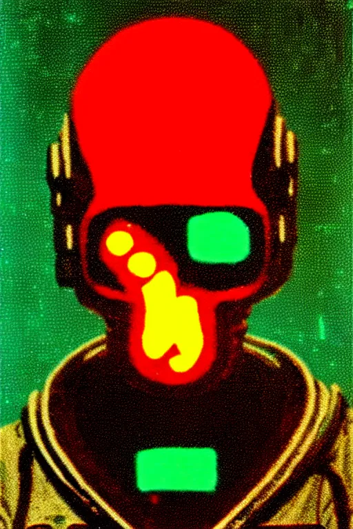 Image similar to astronaut with neon glowing skull 1 9 6 0 s color _ bleed _ video compression video glitch vhs footage akira kurosawa mamoru oshii wes anderson