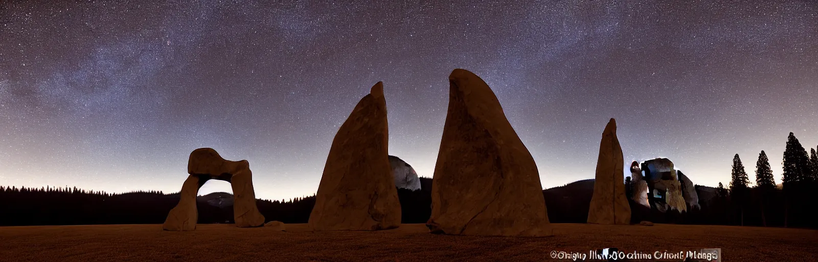 Image similar to to fathom hell or soar angelic, just take a pinch of psychedelic, medium format photograph of two colossal minimalistic necktie sculpture installations by antony gormley and anthony caro in yosemite national park, made from iron, marble, and limestone, granite peaks visible in the background, taken in the night