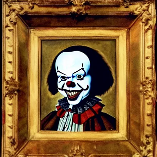 Image similar to a highly detailed portrait of pennywise the clown, wearing elegant tudor clothes, inside a room with thick red tapestries, oil painting by hans holbein and alessandro allori