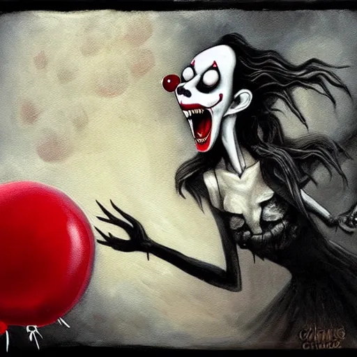 Prompt: grunge painting of insidious with a wide smile and a red balloon by chris leib, loony toons style, pennywise style, corpse bride style, horror theme, detailed, elegant, intricate