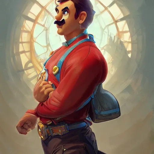 Image similar to wide shot of man super mario, highly detailed, digital painting, artstation, illustration, art by artgerm and greg rutkowski and alphonse mucha