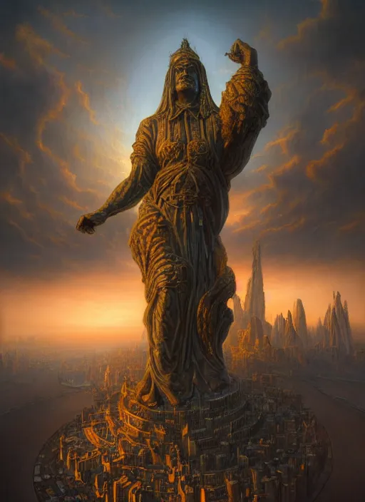 Prompt: a gigantic statue holding a city in his hands, in the style of tomasz alen kopera and fenghua zhong and peter mohrbacher, mystical colors, rim light, beautiful lighting, 8 k, stunning scene, raytracing, octane, trending on artstation