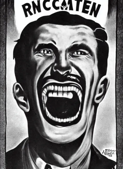 Image similar to creepy Edward Richtofen with a scary comically large smile, 1940s scare tactic propaganda art