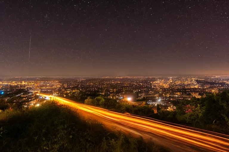 Prompt: long exposure night landscape with city on horisont, 5 seconds shutter