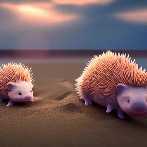 Image similar to axolotl and hedgehog chilling on a beach, concept render, sunset lighting, 4 k