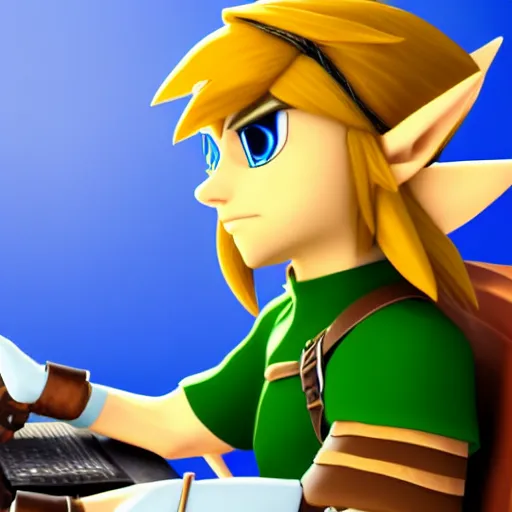 Prompt: link from zelda using computer, stock image