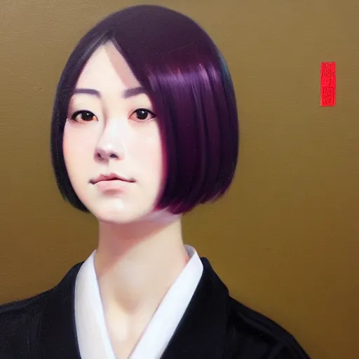 Prompt: Portret of Nakamura Aya, lilac eyes, straight black hair cut in a bob, japanese school uniform, front closeup, highly detailed, centered, oil painting, artstation, anime painting by WLOP