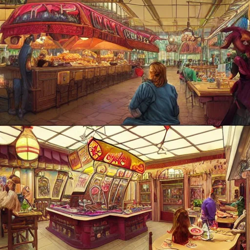 Prompt: “a fantasy fastfood restaurant called ‘Good Berry’, similar to Good Burger, fantastical ambience, food court, D&D, fantasy, intricate, cinematic lighting, highly detailed, digital painting, artstation, concept art, smooth, sharp focus, illustration, art by Artgerm and Greg Rutkowski and Alphonse Mucha”