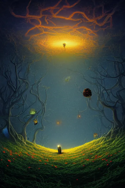 Image similar to a beautiful digital illustration painting of a detailed foreboding skies fantasy fireflies and roots, dark mushroom, flowers by benoit b. mandelbrot, steven belledin, martin johnson heade, lee madgwick, caspar david friedrich, and david rios ferreira. 8 k resolution trending on artstation concept art digital illustration