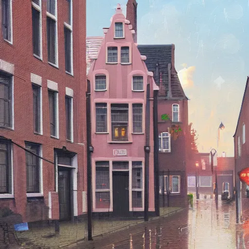 Prompt: maassluis old city center, rainy, wet streets, digital oil painting by simon stalenhag