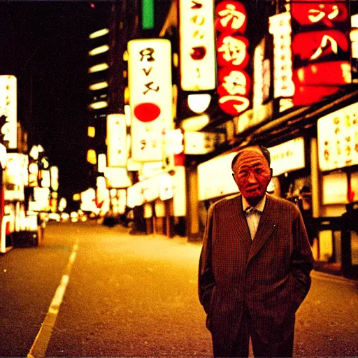 Image similar to portrait, old man in tokyo at night, wearing gold chain, gold rings, cinestill 8 0 0,